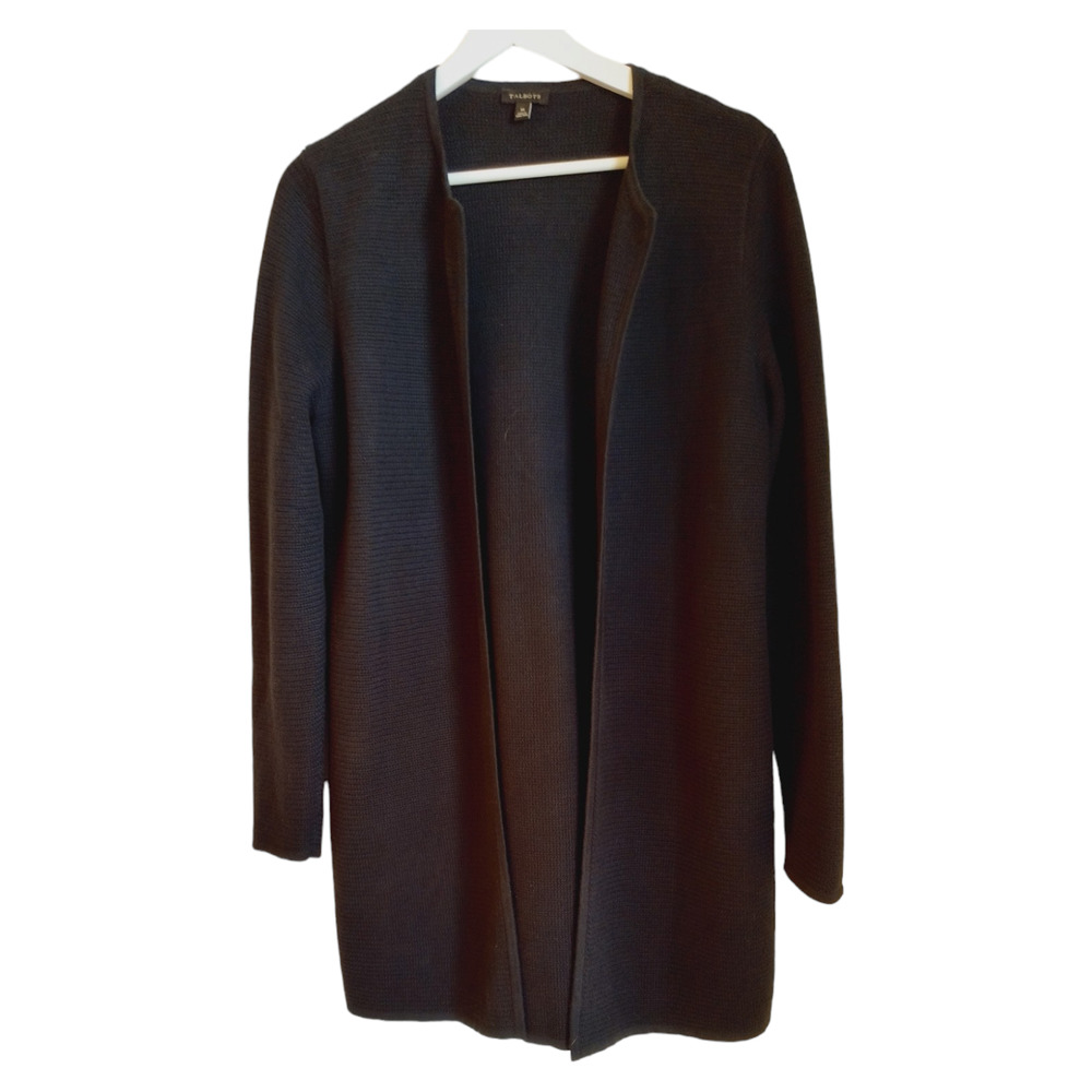 Talbots Longline Cardigan Wmn's Size M Black Long sleeve Open Front Knit Sweater